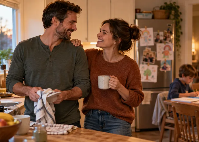 Couple sharing a warm moment in the kitchen